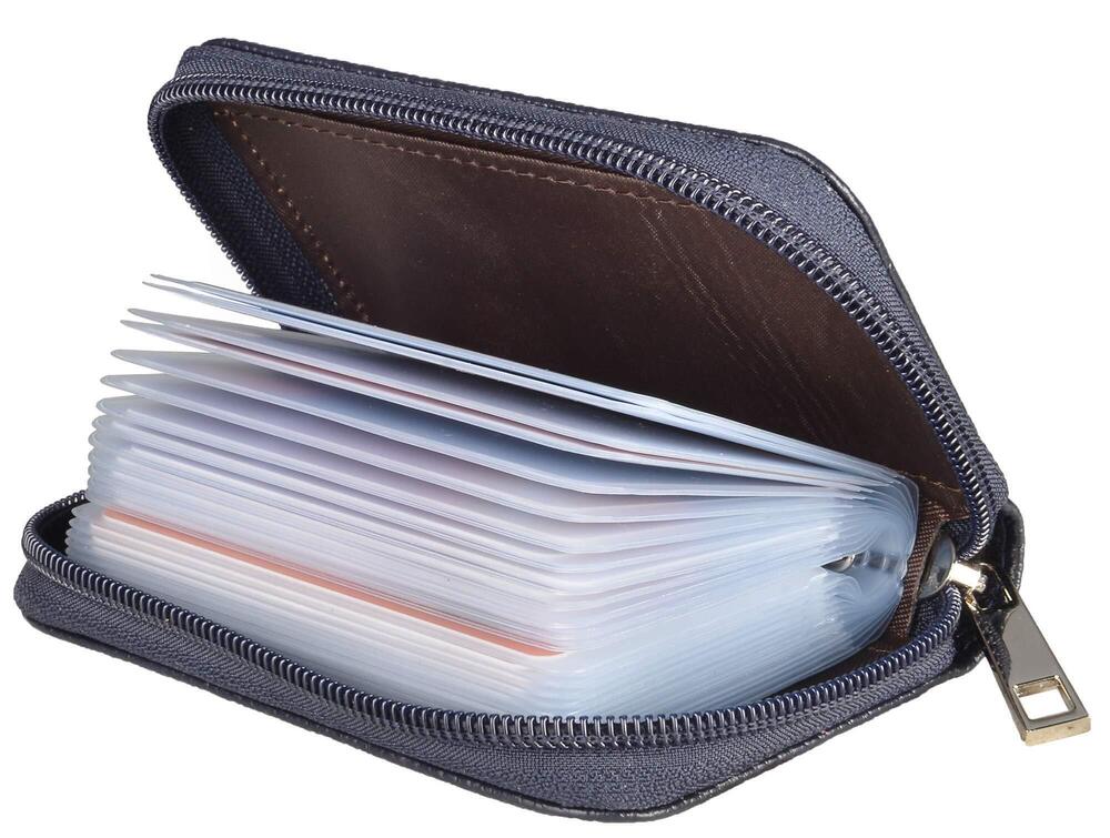8481 Leather Credit Card Holder Zipper Wallet With 26 Card Slots Dark Blue